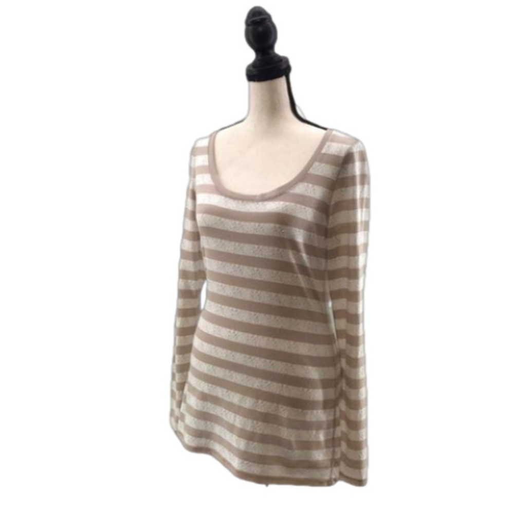EXPRESS—Women’s Tan Silver Stripe Scoop Neck Lightweight Tee-Shirt Top—Medium